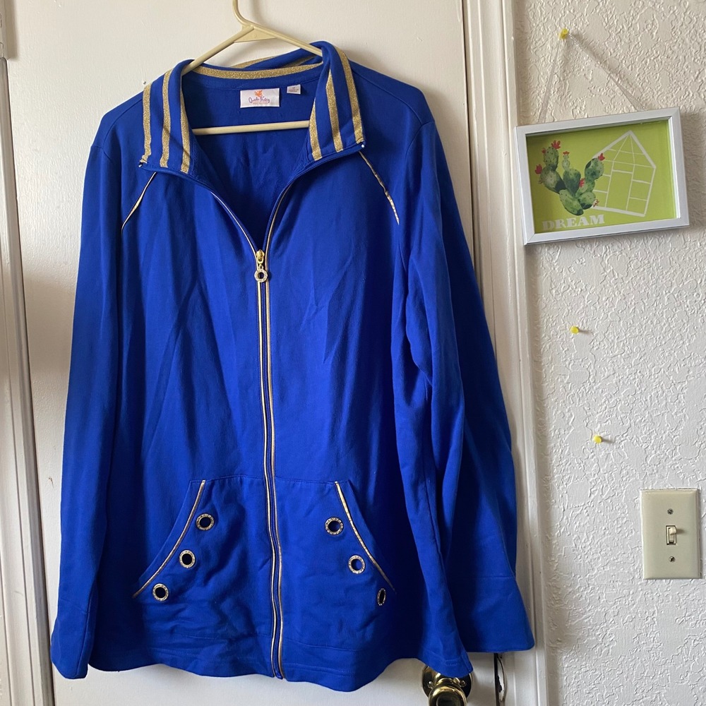 Quaker Factory Track Jacket 1X Royal Blue‎ Gold Trim Full Zip Long Sleeve